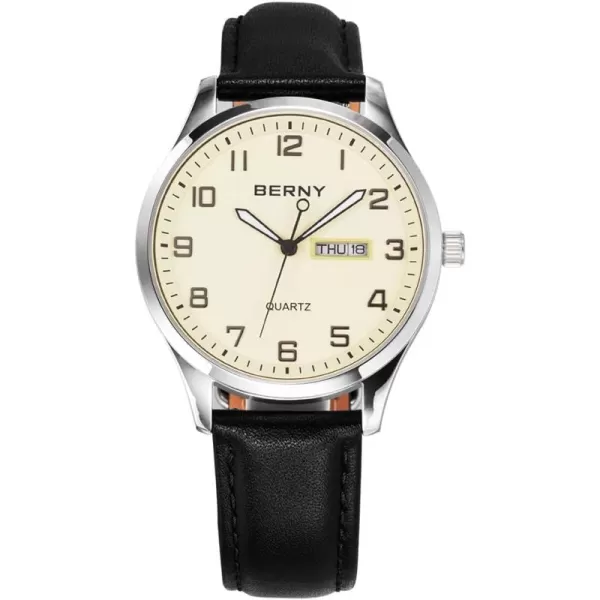 BERNY Mens Easy Reader Watch Standard Analog Display Quartz Leather Strap Wristwatch Classic Elegant DayDate Watch for MenYellow