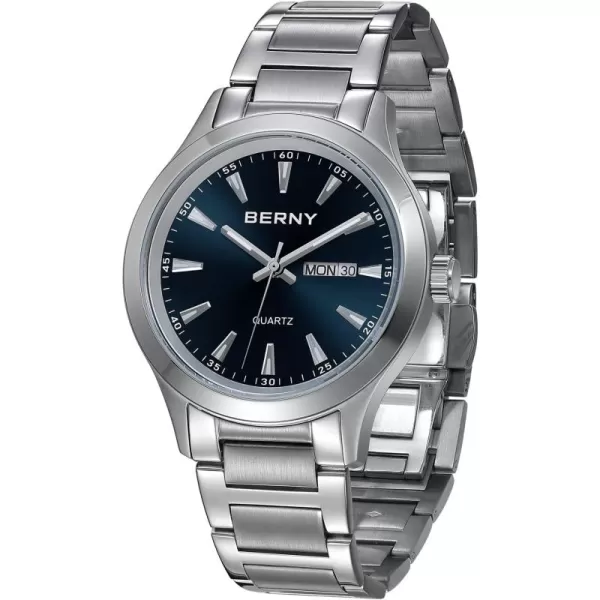 BERNY Mens Solid Stainless Steel Quartz Dress Watch Waterproof Sports Watches for Men Luminous SilverTone WristwatchesBlue