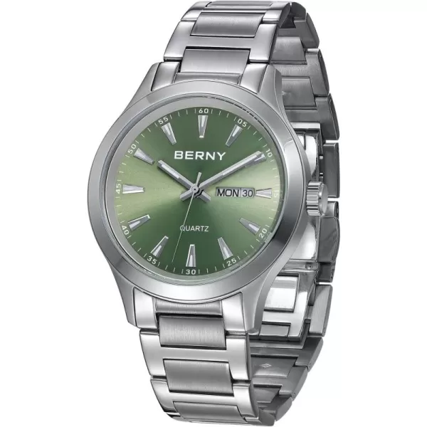 BERNY Mens Solid Stainless Steel Quartz Dress Watch Waterproof Sports Watches for Men Luminous SilverTone WristwatchesGreen