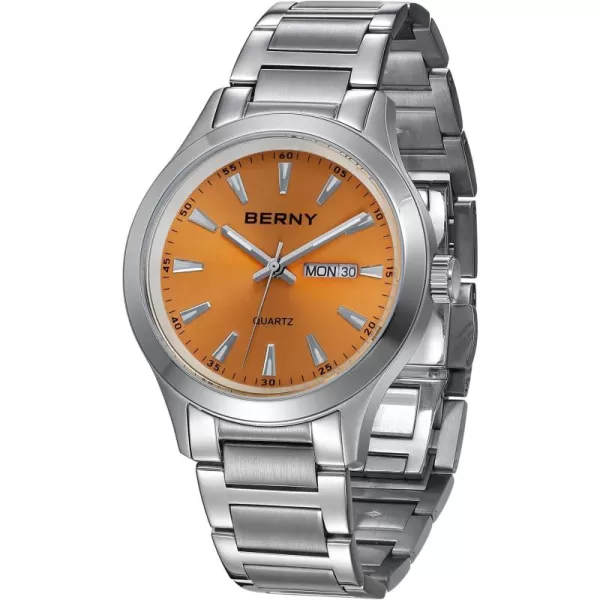 BERNY Mens Solid Stainless Steel Quartz Dress Watch Waterproof Sports Watches for Men Luminous SilverTone WristwatchesOrange