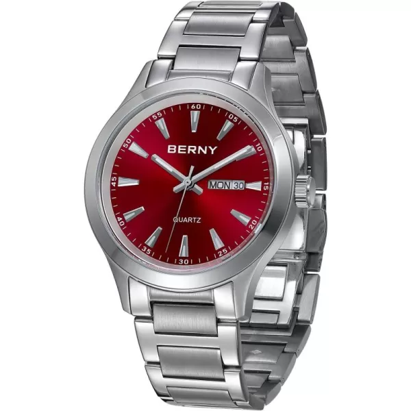 BERNY Mens Solid Stainless Steel Quartz Dress Watch Waterproof Sports Watches for Men Luminous SilverTone WristwatchesRed