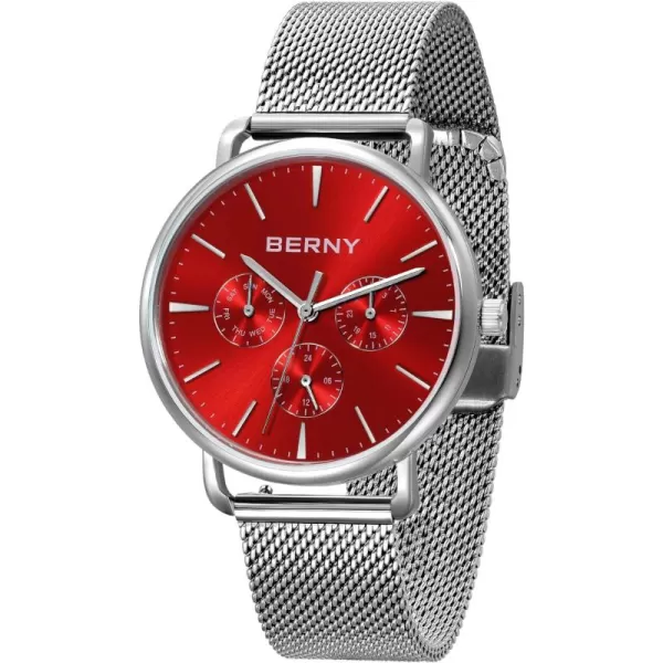 BERNY Quartz Watch for Men Miyota 6P29 Movement Male Fashion Wirstwatch Waterproof Mens Cusual Watch Multifunction Dials Quick Release Stainless Steel Mesh BandRed