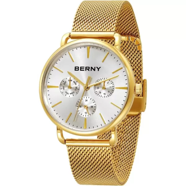 BERNY Quartz Watch for Men Miyota 6P29 Movement Male Fashion Wirstwatch Waterproof Mens Cusual Watch Multifunction Dials Quick Release Stainless Steel Mesh BandWhite and Gold