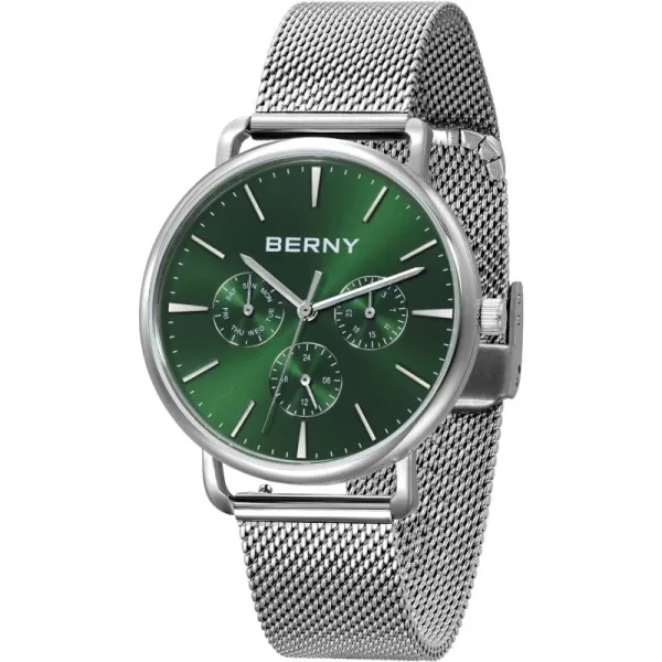 BERNY Quartz Watch for Men Miyota 6P29 Movement Male Fashion Wirstwatch Waterproof Mens Cusual Watch Multifunction Dials Quick Release Stainless Steel Mesh BandGreen