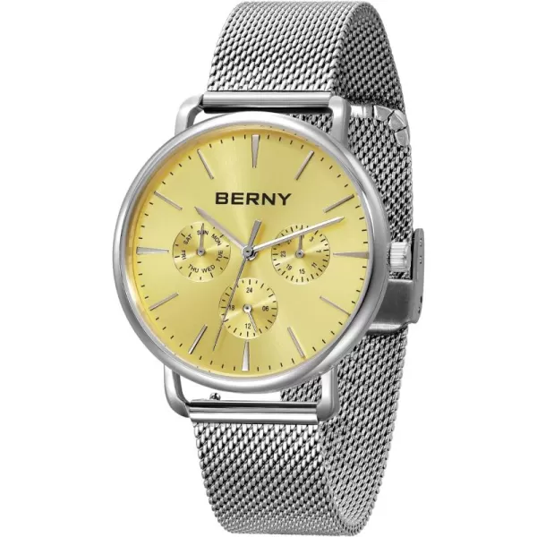 BERNY Quartz Watch for Men Miyota 6P29 Movement Male Fashion Wirstwatch Waterproof Mens Cusual Watch Multifunction Dials Quick Release Stainless Steel Mesh BandYellow