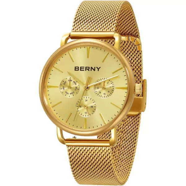 BERNY Quartz Watch for Men Miyota 6P29 Movement Male Fashion Wirstwatch Waterproof Mens Cusual Watch Multifunction Dials Quick Release Stainless Steel Mesh BandFull Gold