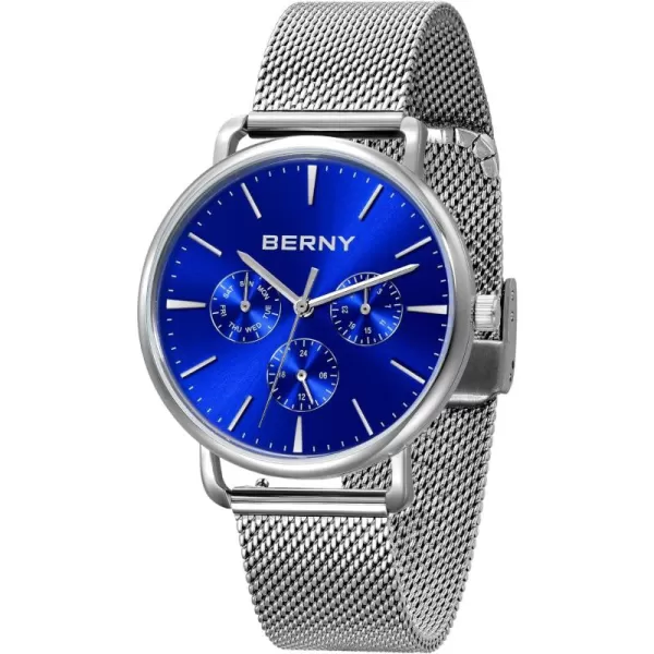 BERNY Quartz Watch for Men Miyota 6P29 Movement Male Fashion Wirstwatch Waterproof Mens Cusual Watch Multifunction Dials Quick Release Stainless Steel Mesh BandBlue