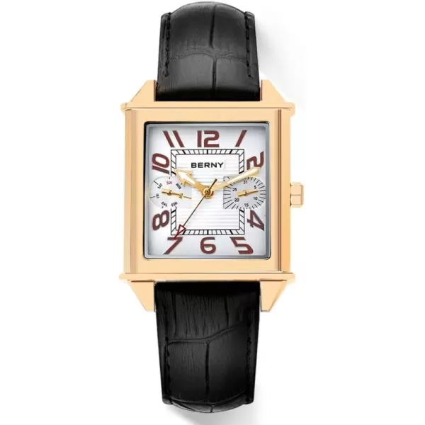 BERNY Square Watches for Men Quartz Watch Rectangular Calendar Leather Strap WatchGold