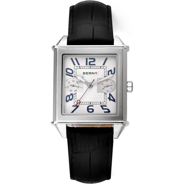 BERNY Square Watches for Men Quartz Watch Rectangular Calendar Leather Strap WatchSilver White