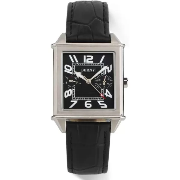 BERNY Square Watches for Men Quartz Watch Rectangular Calendar Leather Strap Watchblack