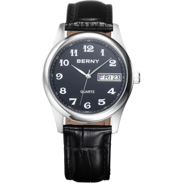 BERNY Watch for Men Arabic Numerals Easy to Read Leather Quick Release Band Quartz Watch Day Date Analog Dress Mens Wrist WatchBlue