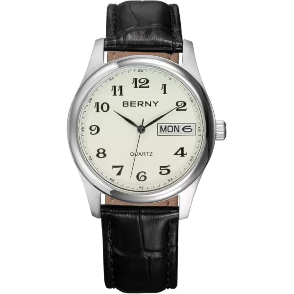 BERNY Watch for Men Arabic Numerals Easy to Read Leather Quick Release Band Quartz Watch Day Date Analog Dress Mens Wrist WatchYellow