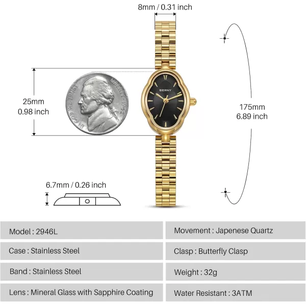 BERNY Gold Watches for Women Dainty Ladies Wristwatch Vintage Copper Mirrors Shape Japanese Quartz Movement 3ATM Waterproof All Stainless Steel Fashion Female Wrist Watch Luxury Birthday Gifts