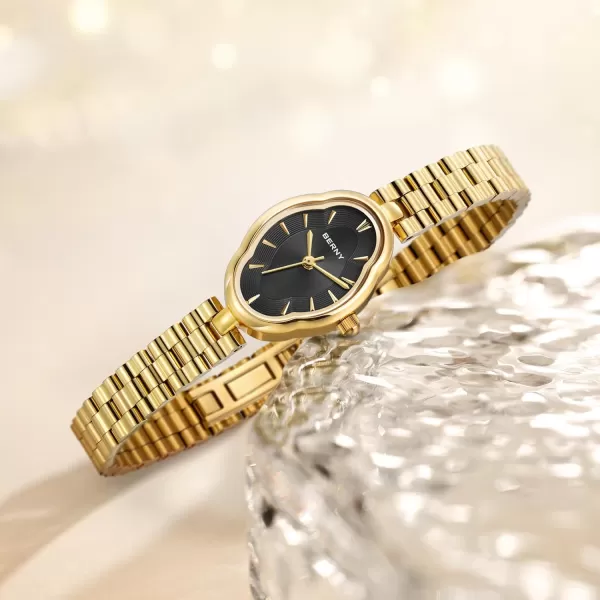 BERNY Gold Watches for Women Dainty Ladies Wristwatch Vintage Copper Mirrors Shape Japanese Quartz Movement 3ATM Waterproof All Stainless Steel Fashion Female Wrist Watch Luxury Birthday Gifts