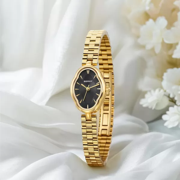 BERNY Gold Watches for Women Dainty Ladies Wristwatch Vintage Copper Mirrors Shape Japanese Quartz Movement 3ATM Waterproof All Stainless Steel Fashion Female Wrist Watch Luxury Birthday Gifts