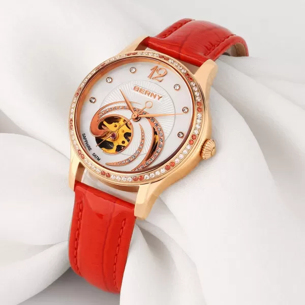 BERNY 18 K Gold Womens Wrist Watch Phoenix SeriesSmall Dial Automatic Watch for Women red