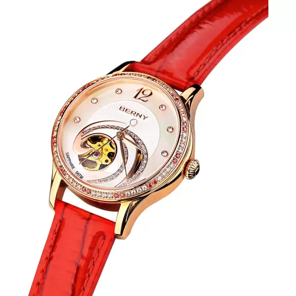 BERNY 18 K Gold Womens Wrist Watch Phoenix SeriesSmall Dial Automatic Watch for Women red