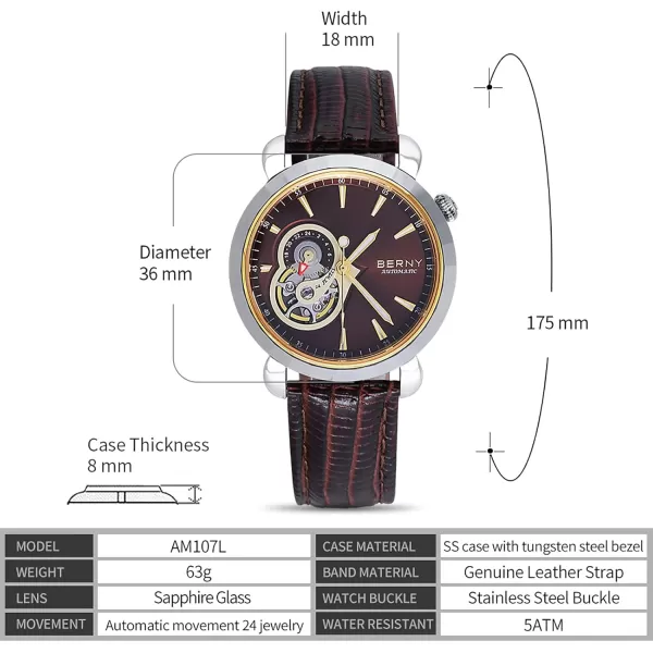 BERNY Automatic Watches for Women Skeleton Dress Watch CollectionAM107LBRNUS