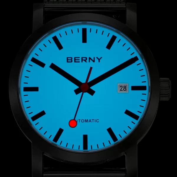 BERNY Classic Automatic Watch for Men Mechanical Self Wind Wristwatch MIYOTA 8215 Movement Stainless Steel Strap 5ATM Waterproof Full Luminous Dial Sapphire Glass Railroad WatchesBlack