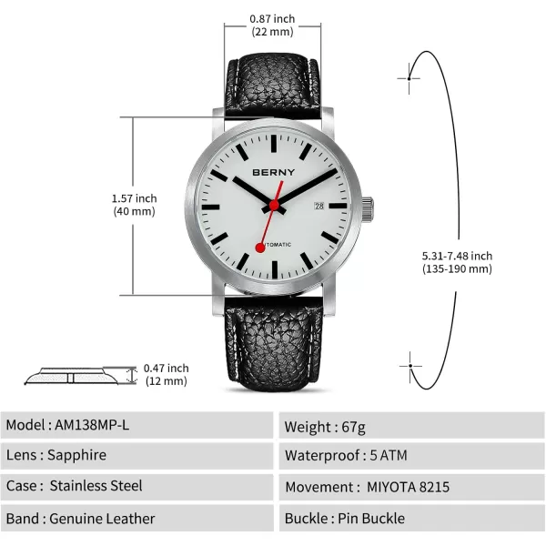 BERNY Classic Automatic Watch for Men Mechanical Self Wind Wristwatch MIYOTA 8215 Movement Stainless Steel Strap 5ATM Waterproof Full Luminous Dial Sapphire Glass Railroad WatchesWhite Leather