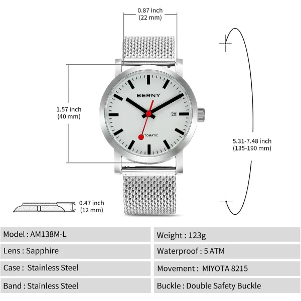 BERNY Classic Automatic Watch for Men Mechanical Self Wind Wristwatch MIYOTA 8215 Movement Stainless Steel Strap 5ATM Waterproof Full Luminous Dial Sapphire Glass Railroad WatchesWhite