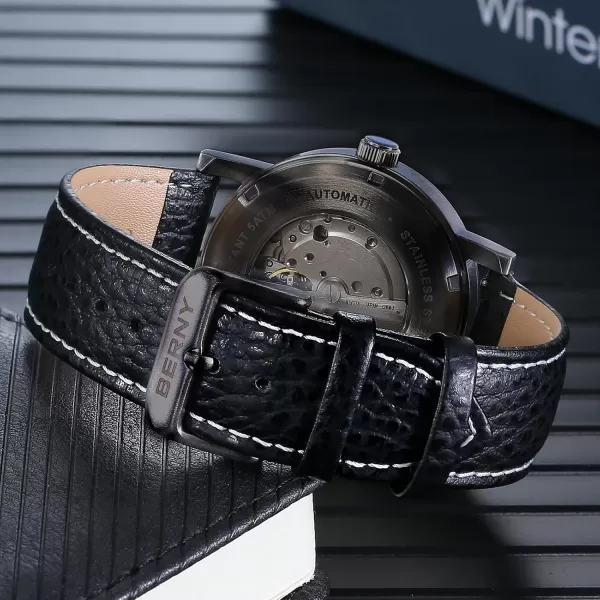 BERNY Classic Automatic Watch for Men Mechanical Self Wind Wristwatch MIYOTA 8215 Movement Stainless Steel Strap 5ATM Waterproof Full Luminous Dial Sapphire Glass Railroad WatchesBlack Leather