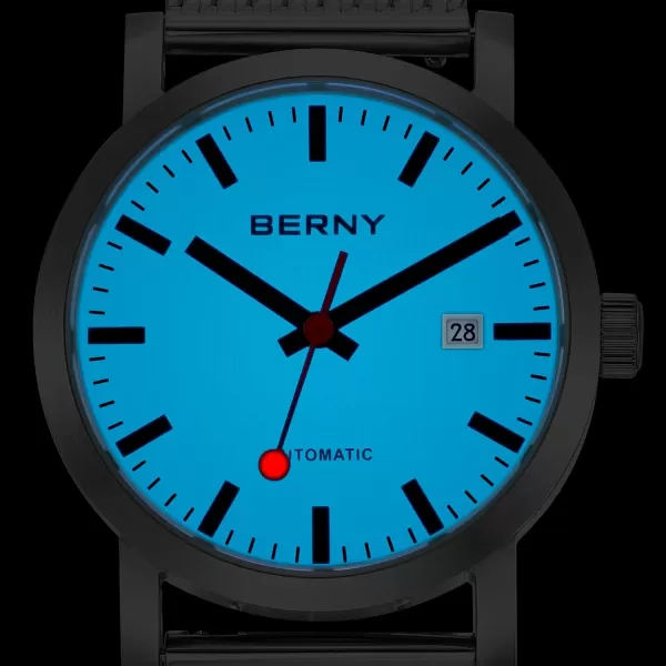 BERNY Classic Automatic Watch for Men Mechanical Self Wind Wristwatch MIYOTA 8215 Movement Stainless Steel Strap 5ATM Waterproof Full Luminous Dial Sapphire Glass Railroad WatchesWhite