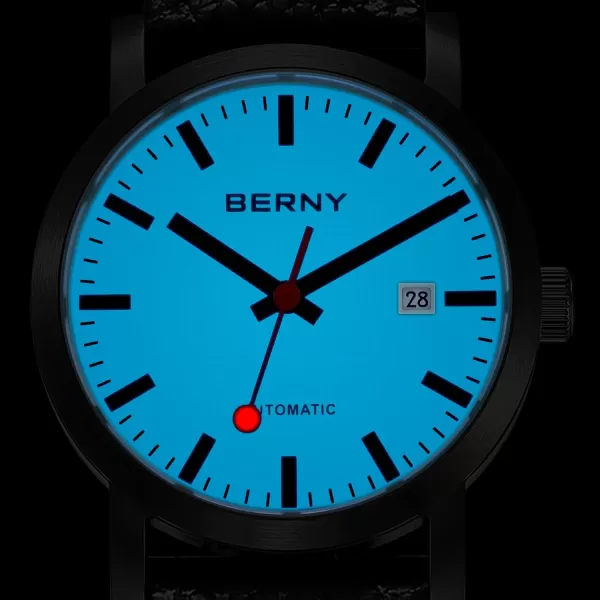 BERNY Classic Automatic Watch for Men Mechanical Self Wind Wristwatch MIYOTA 8215 Movement Stainless Steel Strap 5ATM Waterproof Full Luminous Dial Sapphire Glass Railroad WatchesBlack Leather