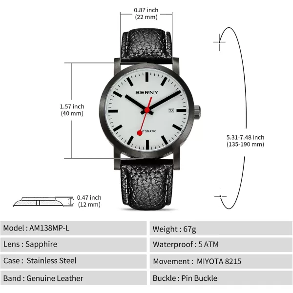 BERNY Classic Automatic Watch for Men Mechanical Self Wind Wristwatch MIYOTA 8215 Movement Stainless Steel Strap 5ATM Waterproof Full Luminous Dial Sapphire Glass Railroad WatchesBlack Leather