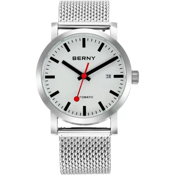 BERNY Classic Automatic Watch for Men Mechanical Self Wind Wristwatch MIYOTA 8215 Movement Stainless Steel Strap 5ATM Waterproof Full Luminous Dial Sapphire Glass Railroad WatchesWhite