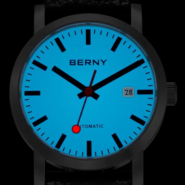 BERNY Classic Automatic Watch for Men Mechanical Self Wind Wristwatch MIYOTA 8215 Movement Stainless Steel Strap 5ATM Waterproof Full Luminous Dial Sapphire Glass Railroad WatchesWhite Leather