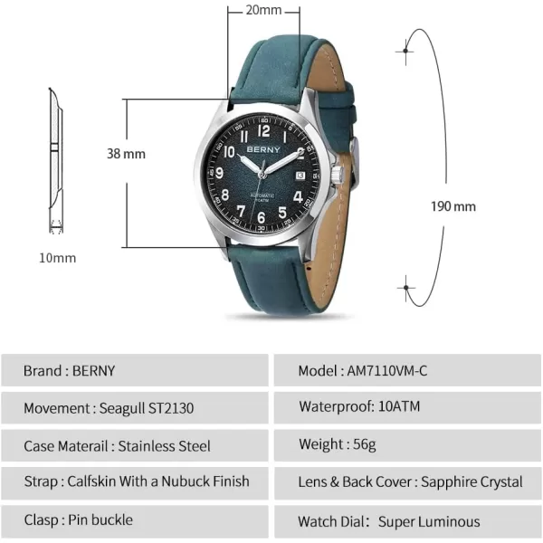 BERNY Easy Reader Automatic Watch for Men Seagull ST2130 Mechanical Wristwatches Leather Strap Luminous Waterproof 10ATM Sapphire Glass Scratch Resistant Mens WatchesBlue