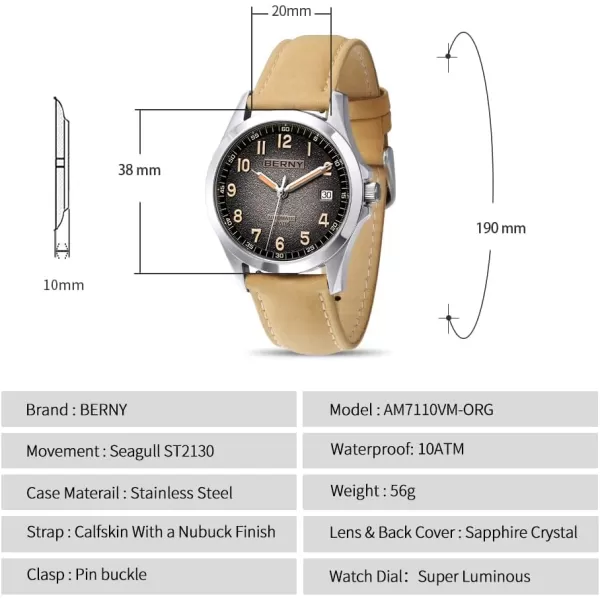 BERNY Easy Reader Automatic Watch for Men Seagull ST2130 Mechanical Wristwatches Leather Strap Luminous Waterproof 10ATM Sapphire Glass Scratch Resistant Mens WatchesBeige1