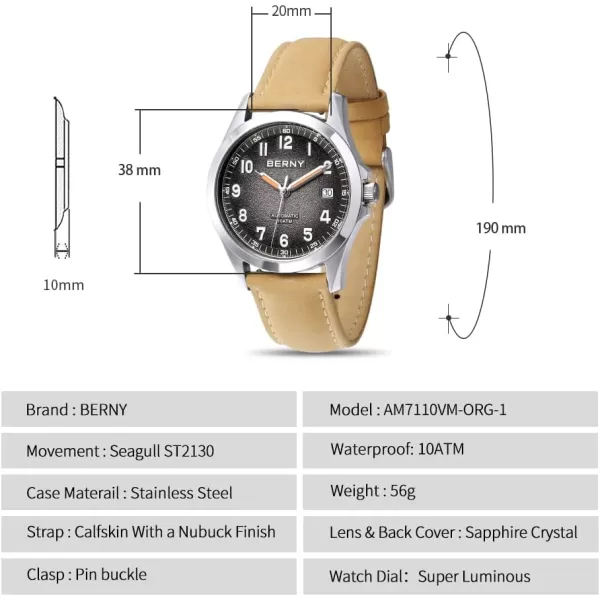 BERNY Easy Reader Automatic Watch for Men Seagull ST2130 Mechanical Wristwatches Leather Strap Luminous Waterproof 10ATM Sapphire Glass Scratch Resistant Mens WatchesBeige2