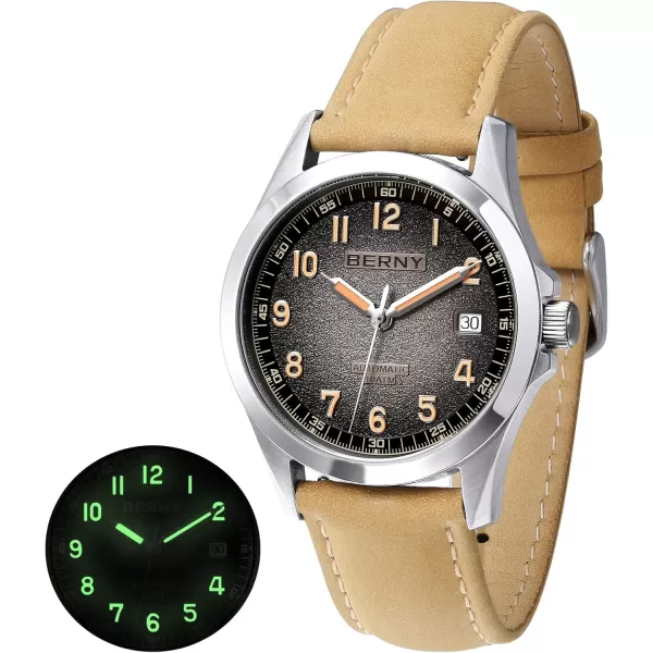 BERNY Easy Reader Automatic Watch for Men Seagull ST2130 Mechanical Wristwatches Leather Strap Luminous Waterproof 10ATM Sapphire Glass Scratch Resistant Mens WatchesBeige1