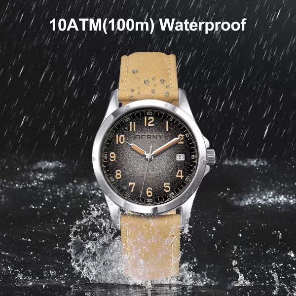 BERNY Easy Reader Automatic Watch for Men Seagull ST2130 Mechanical Wristwatches Leather Strap Luminous Waterproof 10ATM Sapphire Glass Scratch Resistant Mens WatchesBeige1