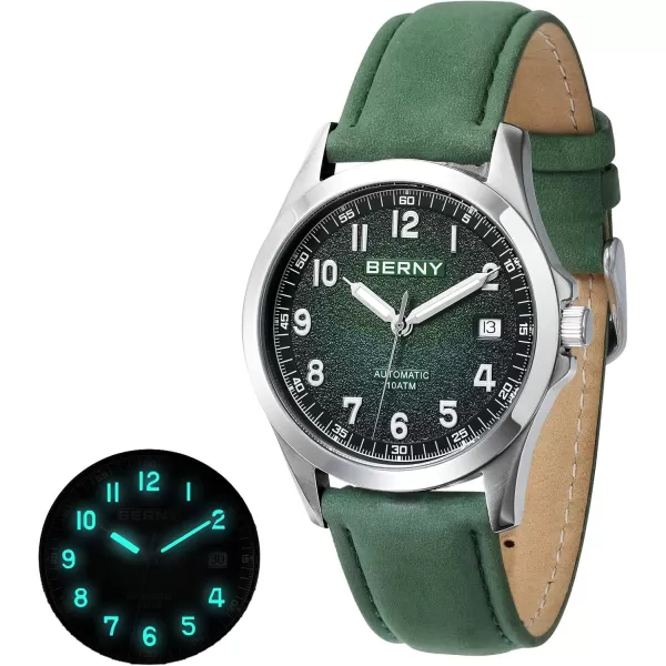 BERNY Easy Reader Automatic Watch for Men Seagull ST2130 Mechanical Wristwatches Leather Strap Luminous Waterproof 10ATM Sapphire Glass Scratch Resistant Mens WatchesGreen