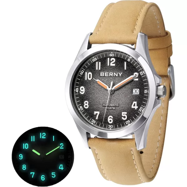 BERNY Easy Reader Automatic Watch for Men Seagull ST2130 Mechanical Wristwatches Leather Strap Luminous Waterproof 10ATM Sapphire Glass Scratch Resistant Mens WatchesBeige2