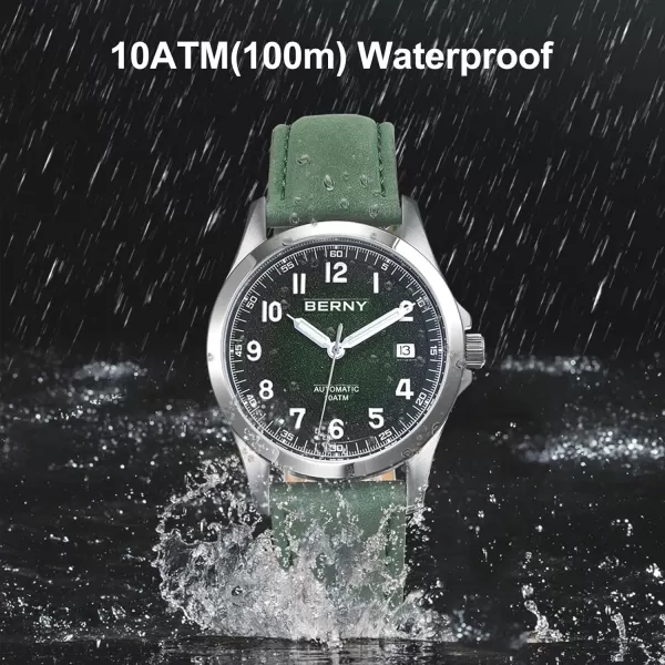 BERNY Easy Reader Automatic Watch for Men Seagull ST2130 Mechanical Wristwatches Leather Strap Luminous Waterproof 10ATM Sapphire Glass Scratch Resistant Mens WatchesGreen