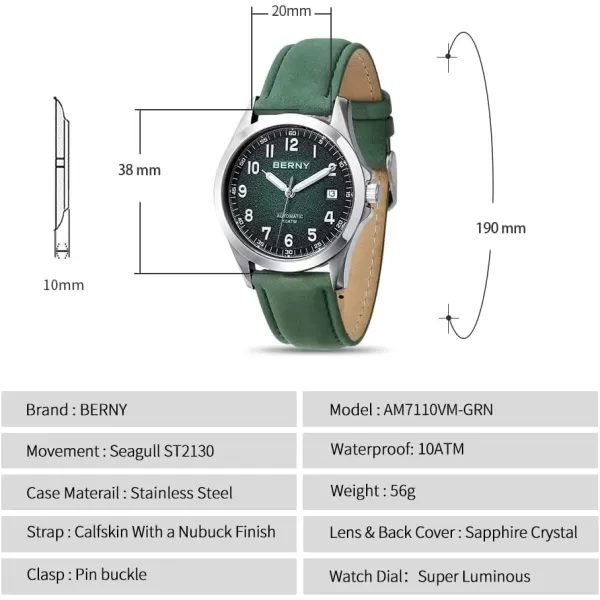 BERNY Easy Reader Automatic Watch for Men Seagull ST2130 Mechanical Wristwatches Leather Strap Luminous Waterproof 10ATM Sapphire Glass Scratch Resistant Mens WatchesGreen