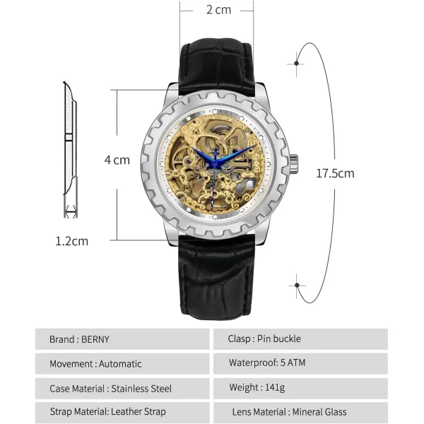 BERNY Gold Watches for Men Automatic Mens Wristwatch Skeleton Luxury Dress Mechanical Mens Watch Exhibition Back Cover Luminous Hour Marker WaterproofSilverBlack