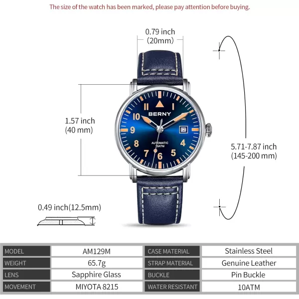 BERNY Mechanical Automatic Watch for Men Self Winding Leather Strap Classic Pilot Wristwatches Waterproof 10ATM Sapphire Glass Scratch Resistant Super LuminousBlue