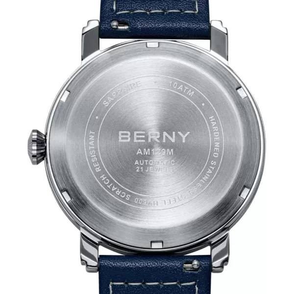 BERNY Mechanical Automatic Watch for Men Self Winding Leather Strap Classic Pilot Wristwatches Waterproof 10ATM Sapphire Glass Scratch Resistant Super LuminousBlue