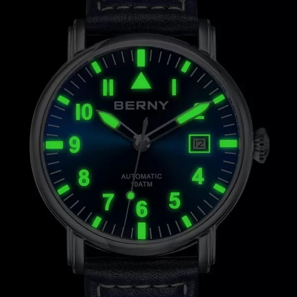 BERNY Mechanical Automatic Watch for Men Self Winding Leather Strap Classic Pilot Wristwatches Waterproof 10ATM Sapphire Glass Scratch Resistant Super LuminousBlue