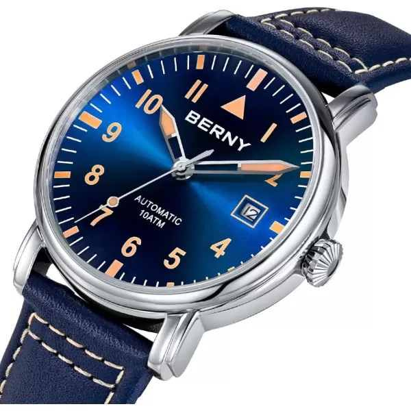 BERNY Mechanical Automatic Watch for Men Self Winding Leather Strap Classic Pilot Wristwatches Waterproof 10ATM Sapphire Glass Scratch Resistant Super LuminousBlue