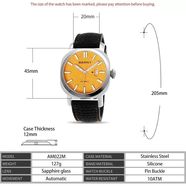 BERNY Mens Japanese Automatic Mechanical Watch Self Winding Watches 10ATM Waterproof Sapphire Glass Scratch Resistant HV800 Hardness Case Super Luminous with Date No Battery RequiredOrange