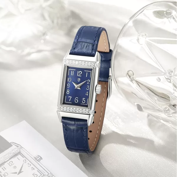 BERNY Quartz Watch for Women Dainty Rectangular Wristwatch Arabic Numerals Dial Genuine Leather Strap Fashion Ladies Wrist Watch 3ATM WaterproofBlue