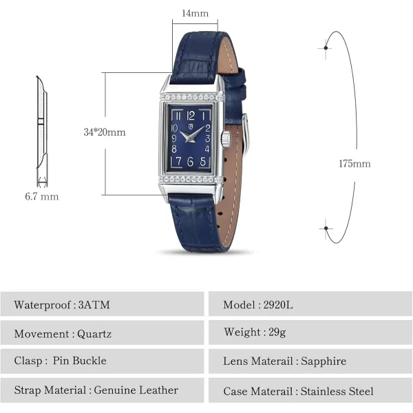 BERNY Quartz Watch for Women Dainty Rectangular Wristwatch Arabic Numerals Dial Genuine Leather Strap Fashion Ladies Wrist Watch 3ATM WaterproofBlue