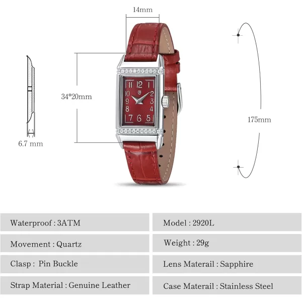 BERNY Quartz Watch for Women Dainty Rectangular Wristwatch Arabic Numerals Dial Genuine Leather Strap Fashion Ladies Wrist Watch 3ATM WaterproofRed