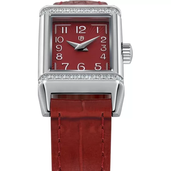 BERNY Quartz Watch for Women Dainty Rectangular Wristwatch Arabic Numerals Dial Genuine Leather Strap Fashion Ladies Wrist Watch 3ATM WaterproofRed